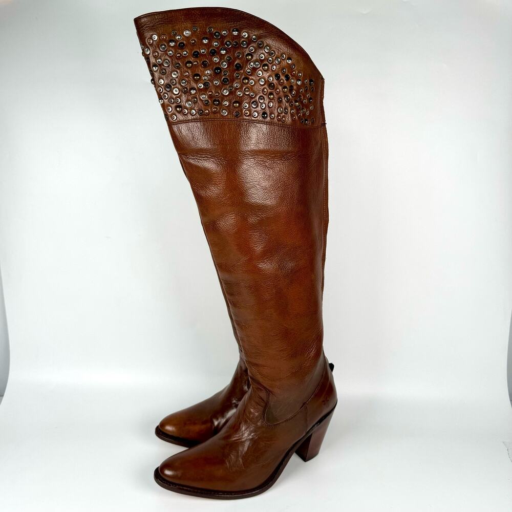 FRYE Demi Brown Tall Leather Studded Over The Knee Heeled Riding Boots Size 7